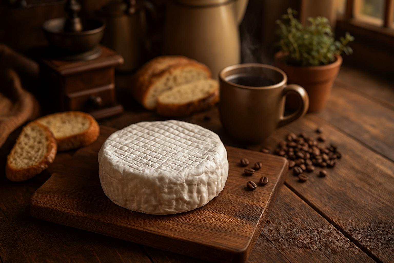 Delicioso queijo Petit bert com café.